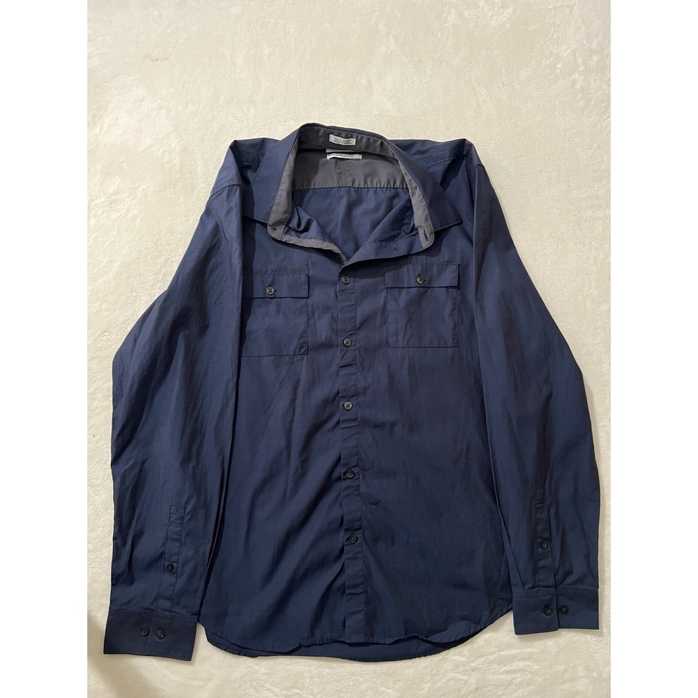 Calvin Klein Liquid Cotton Navy Blue Button Up Shirt Mens Large Long Sleeve L